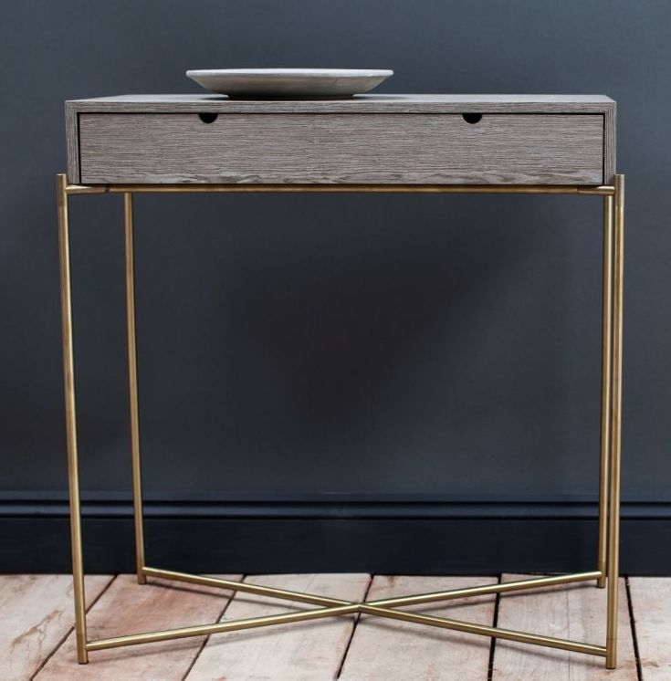 Product photograph of Gillmore Space Iris Weathered Oak Top 1 Drawer Small Console Table With Brass Frame from Choice Furniture Superstore.