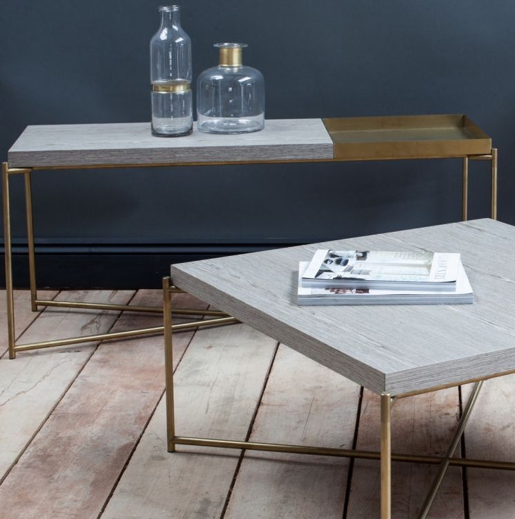 Product photograph of Gillmore Space Iris Weathered Oak Top Large Console Table With Small Brass Tray And Brass Frame from Choice Furniture Superstore.