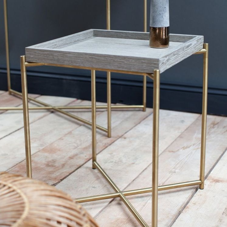 Product photograph of Gillmore Space Iris Weathered Oak Tray Top Square Side Table With Brass Frame from Choice Furniture Superstore.