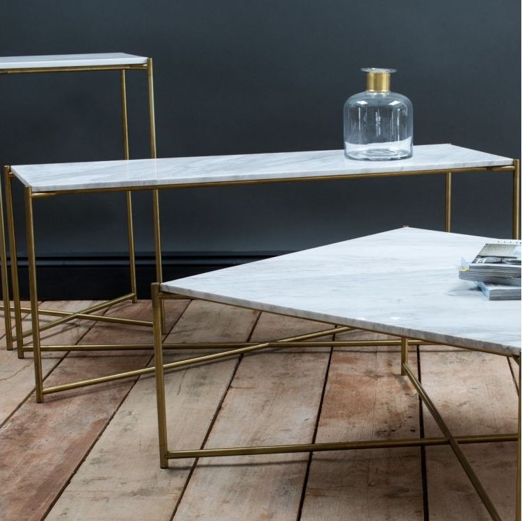 Product photograph of Gillmore Space Iris Weathered Oak Large Console Table With Brass Frame from Choice Furniture Superstore.