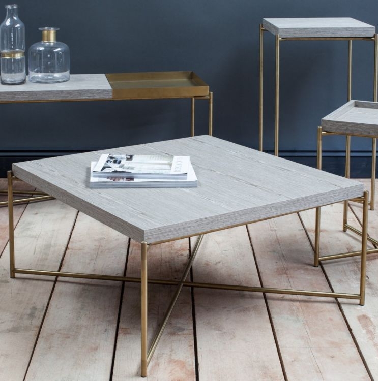 Product photograph of Gillmore Space Iris Weathered Oak Small Console Table With Brass Frame from Choice Furniture Superstore.