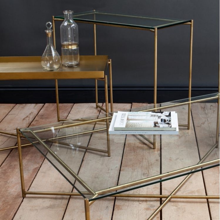 Product photograph of Gillmore Space Iris Weathered Oak Top Rectangular Coffee Table With Brass Frame from Choice Furniture Superstore.