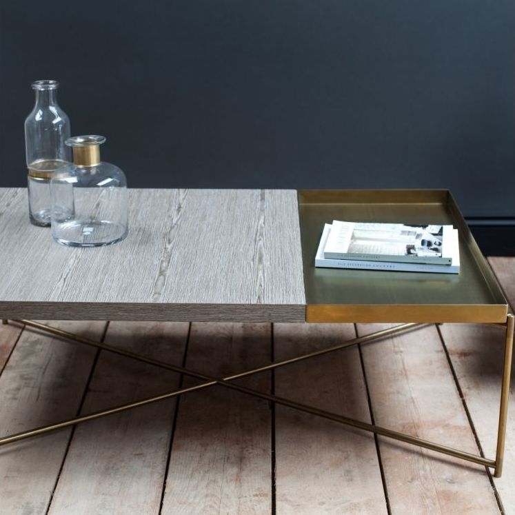 Product photograph of Gillmore Space Iris Weathered Oak Top Rectangular Coffee Table With Brass Frame from Choice Furniture Superstore.