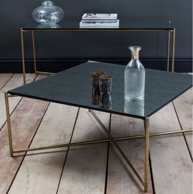 Product photograph of Gillmore Space Iris Antiqued Glass Top With Brass Frame Console Table - Large Low from Choice Furniture Superstore.