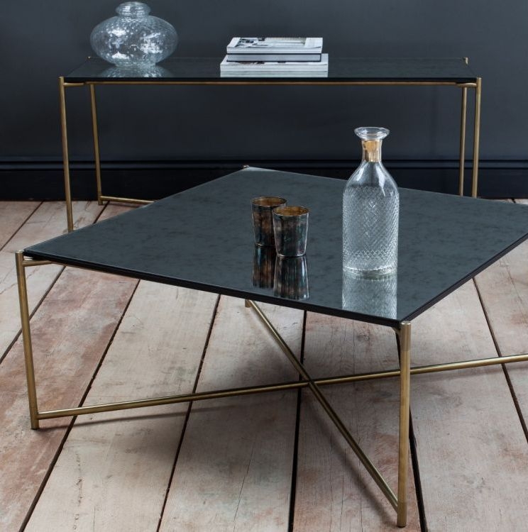 Product photograph of Gillmore Space Iris Antiqued Glass Top Large Console Table With Brass Frame from Choice Furniture Superstore.