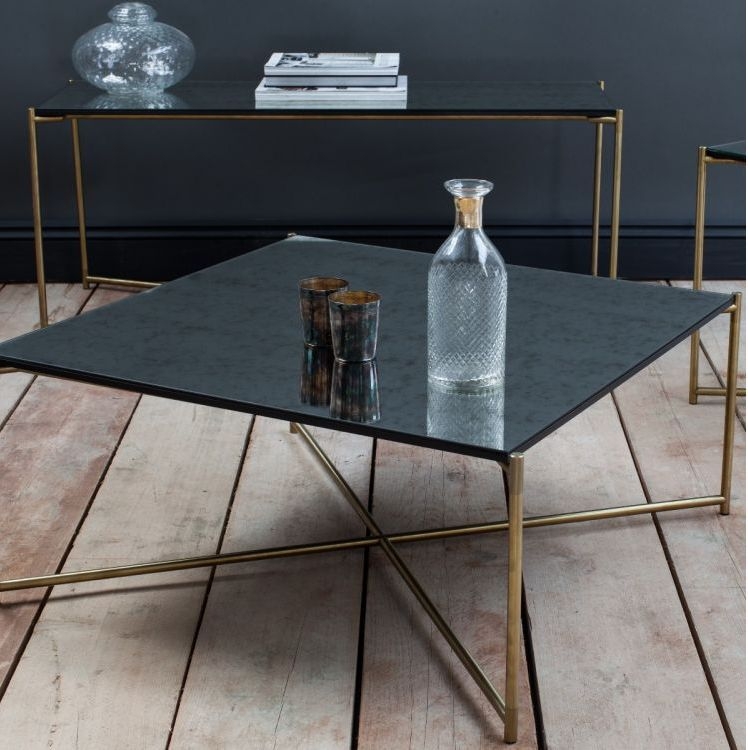 Product photograph of Gillmore Space Iris Antiqued Glass Top Small Console Table With Brass Frame from Choice Furniture Superstore.