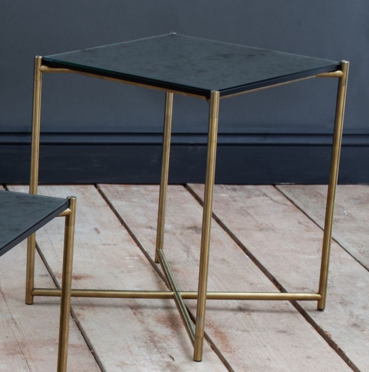 Product photograph of Gillmore Space Iris Antiqued Glass Top Square Side Table With Brass Frame from Choice Furniture Superstore.