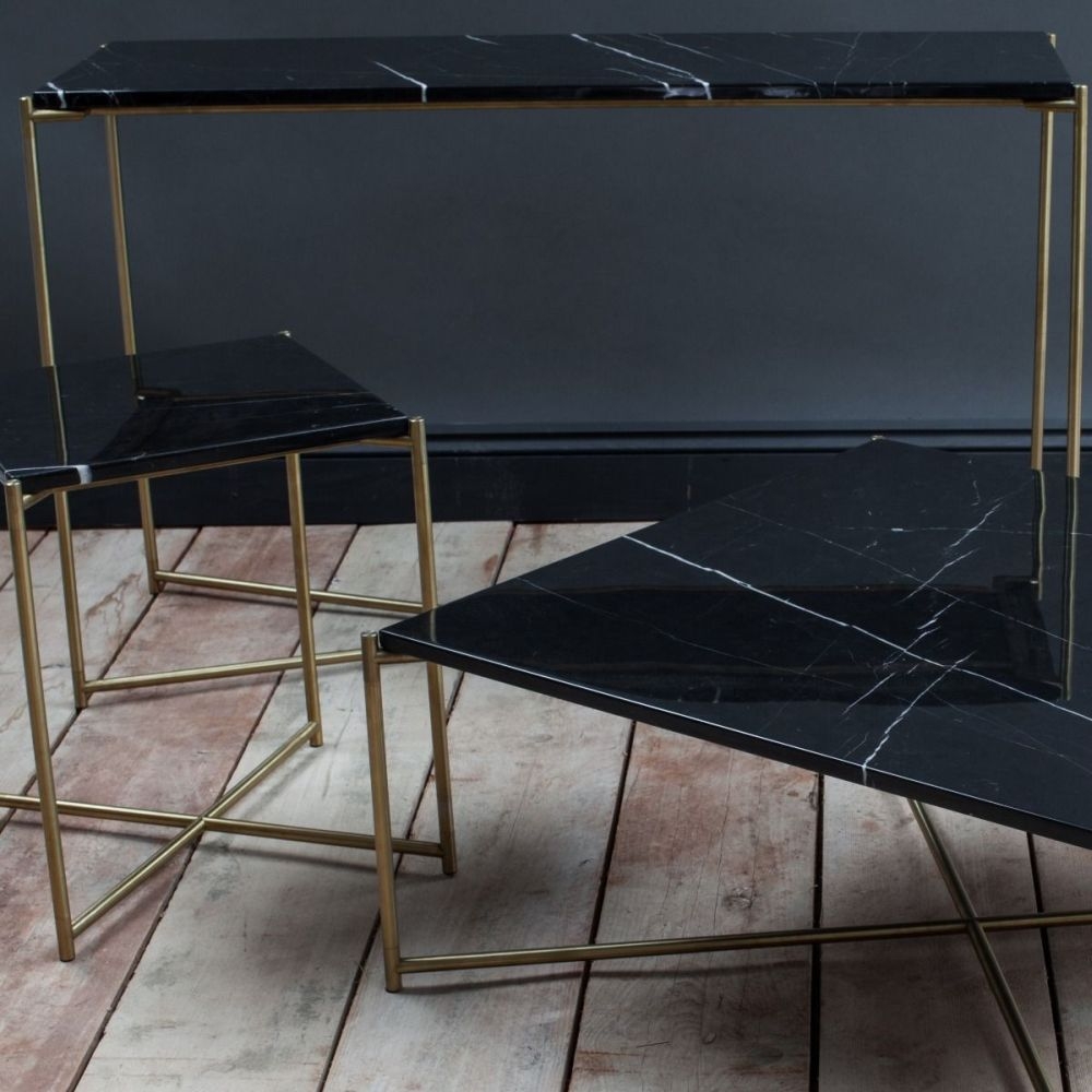 Product photograph of Gillmore Space Iris Black Marble Top With Brass Frame Console Table - Large from Choice Furniture Superstore.