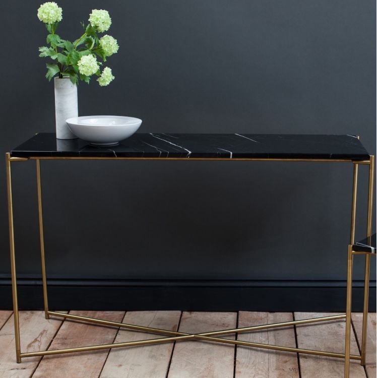 Product photograph of Gillmore Space Iris Black Marble Top With Brass Frame Console Table - Large from Choice Furniture Superstore.