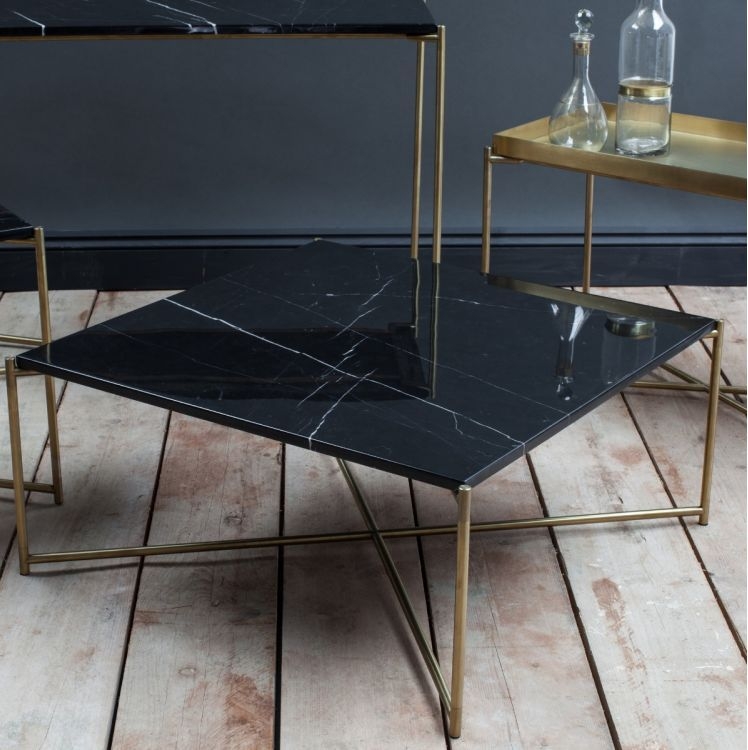 Product photograph of Gillmore Space Iris Black Marble Top With Brass Frame Coffee Table - Square from Choice Furniture Superstore.