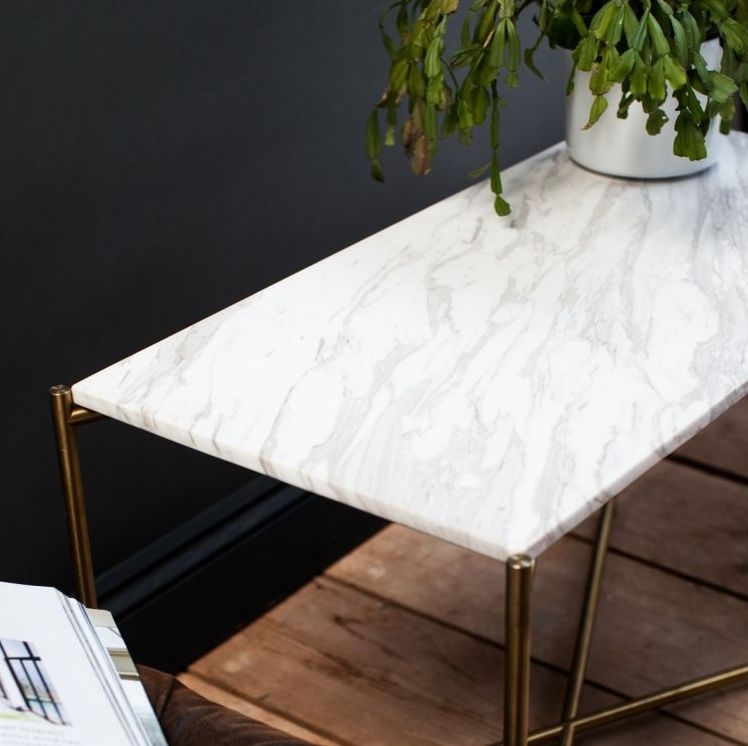 Product photograph of Gillmore Space Iris White Marble Top With Brass Frame Large Console Table from Choice Furniture Superstore.