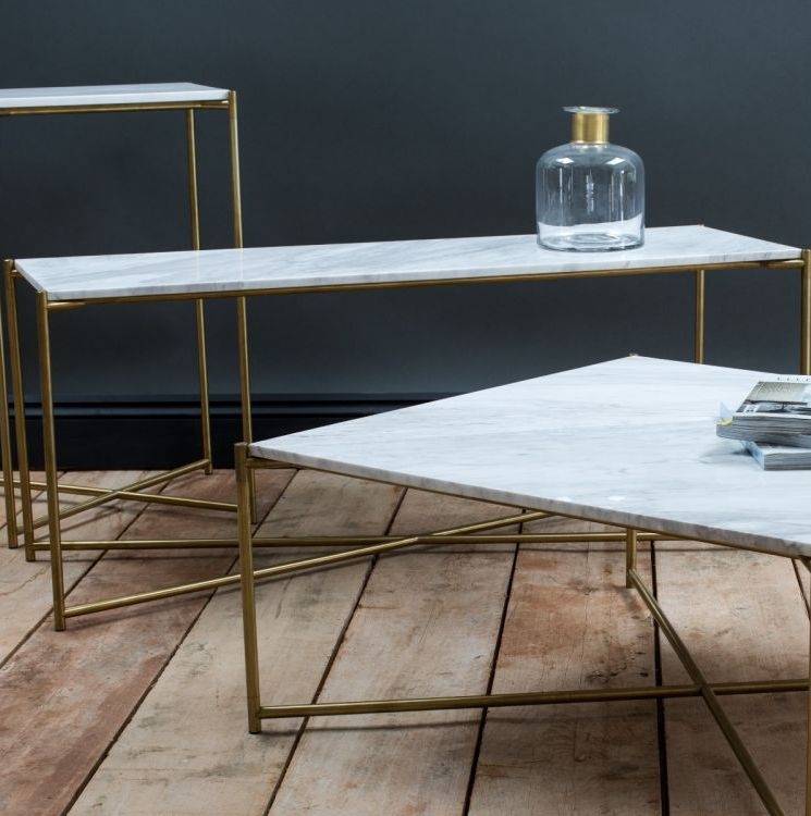 Product photograph of Gillmore Space Iris White Marble Top With Brass Frame Large Console Table from Choice Furniture Superstore.