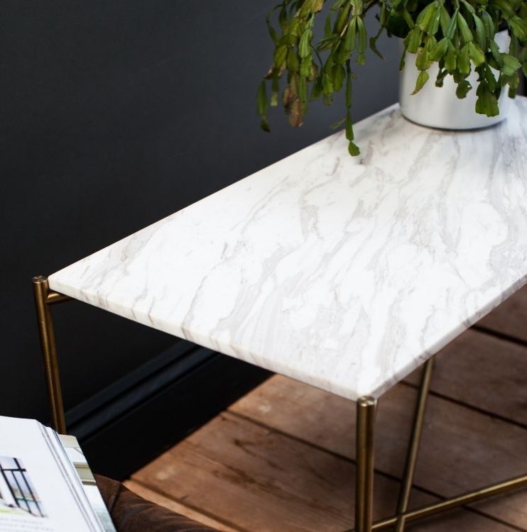 Product photograph of Gillmore Space Iris White Marble Top Rectangular Side Table With Brass Frame from Choice Furniture Superstore.