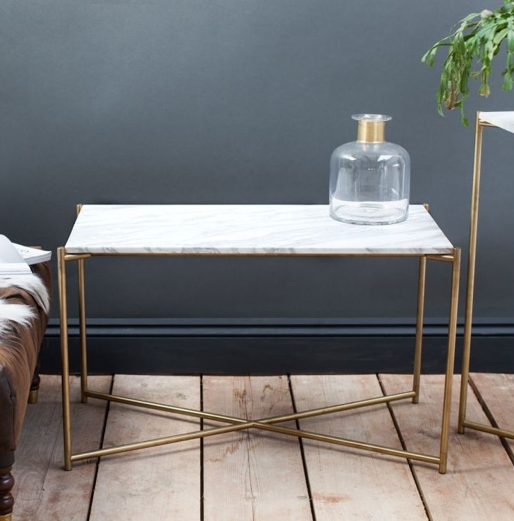 Product photograph of Gillmore Space Iris White Marble Top Rectangular Side Table With Brass Frame from Choice Furniture Superstore.