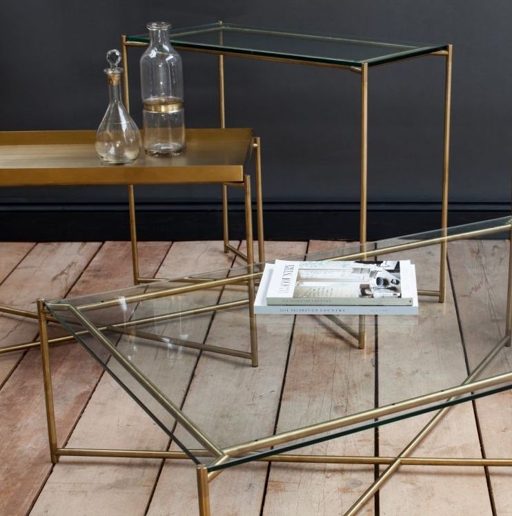 Product photograph of Gillmore Space Iris Clear Glass Top Rectangular Coffee Table With Brass Frame from Choice Furniture Superstore.